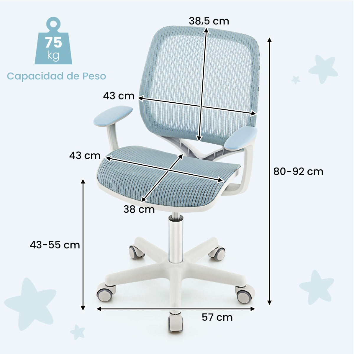 Silla Giratoria De Escritorio Para Niños Con Altura Ajustable Ruedas Con Freno Reposabrazos Lisos 57 x 57 x 80-92 cm-Azul