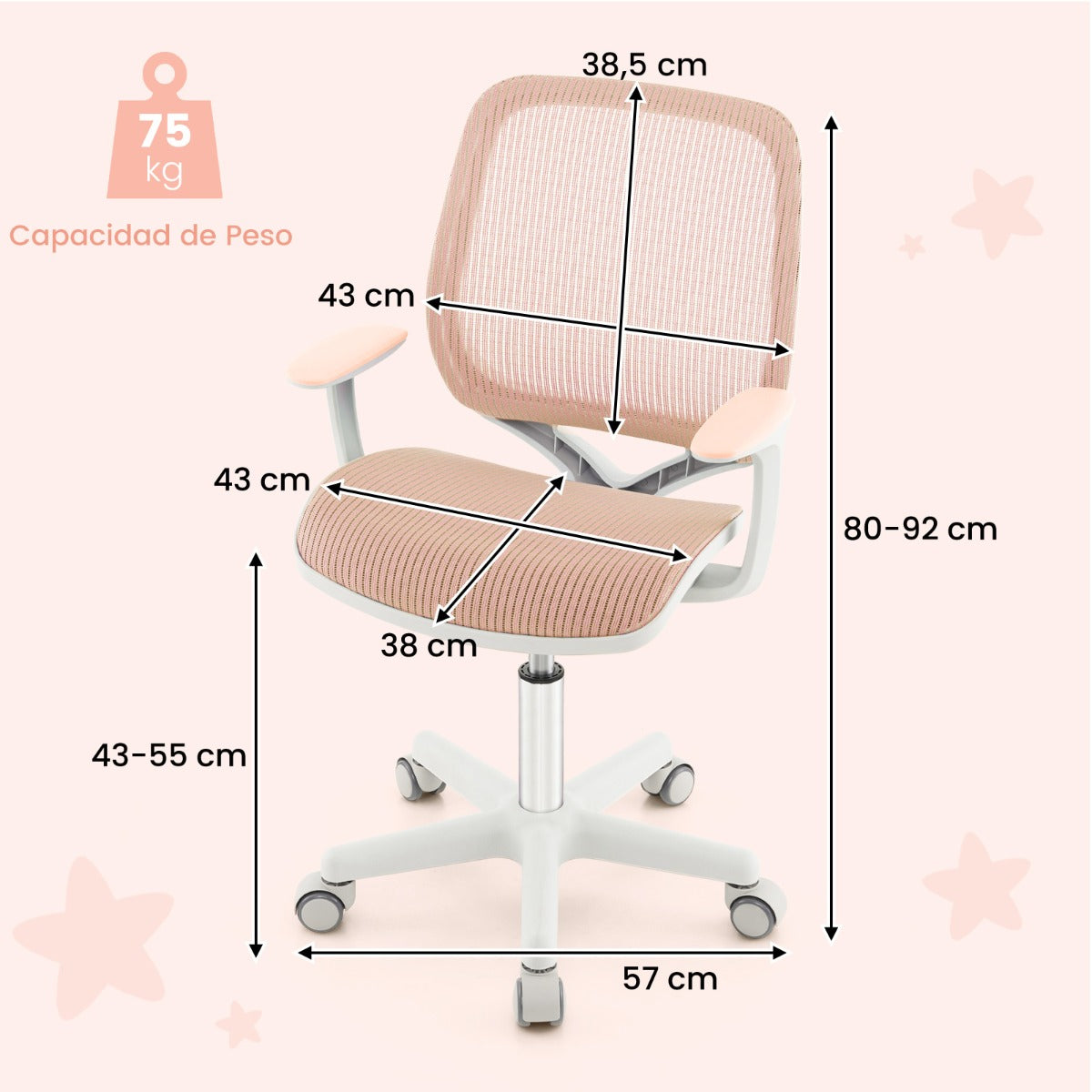 Silla Giratoria De Escritorio Para Niños Con Altura Ajustable Ruedas Con Freno Reposabrazos Lisos 57 x 57 x 80-92 cm-Rosa