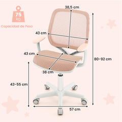 Silla Giratoria De Escritorio Para Niños Con Altura Ajustable Ruedas Con Freno Reposabrazos Lisos 57 x 57 x 80-92 cm-Rosa