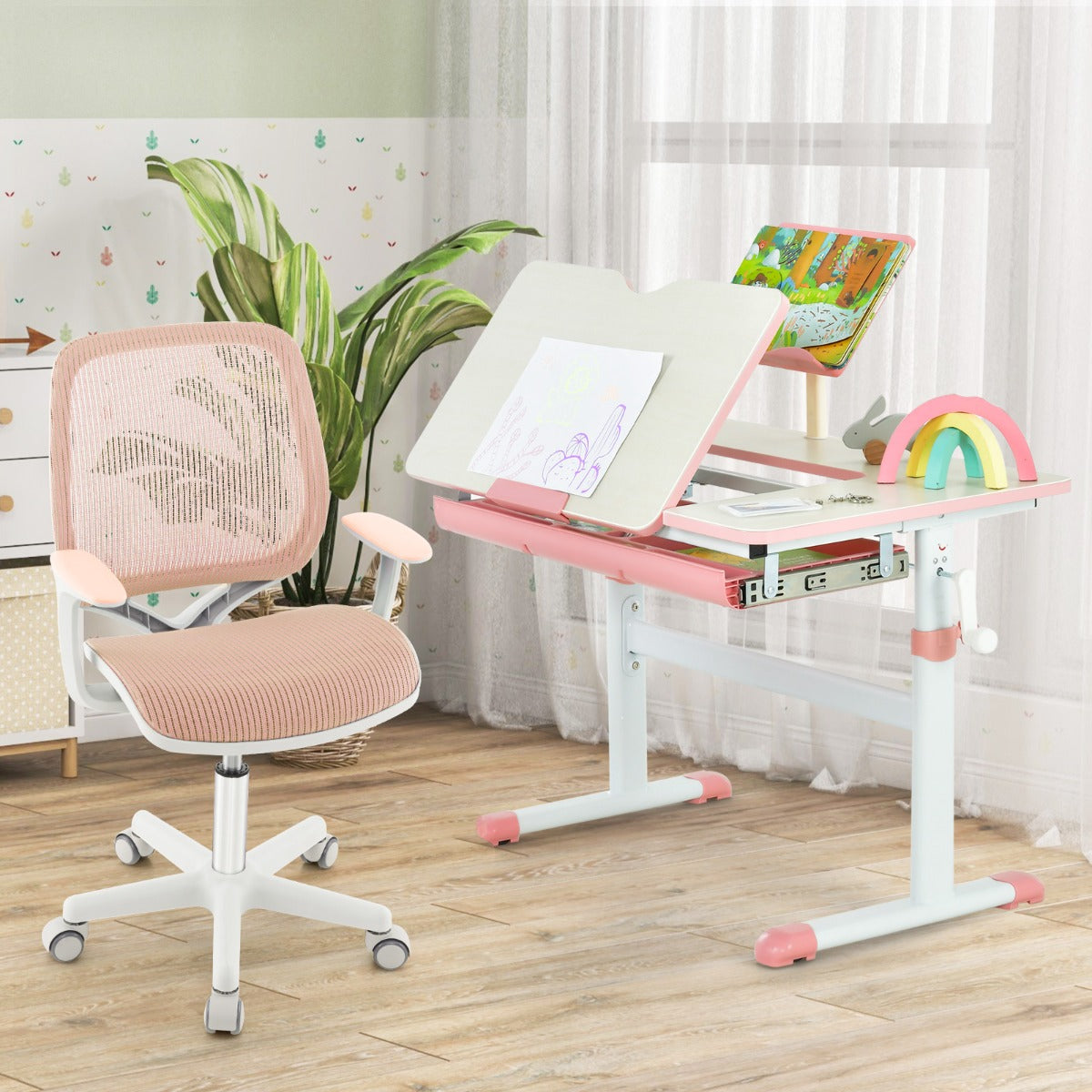 Silla Giratoria De Escritorio Para Niños Con Altura Ajustable Ruedas Con Freno Reposabrazos Lisos 57 x 57 x 80-92 cm-Rosa