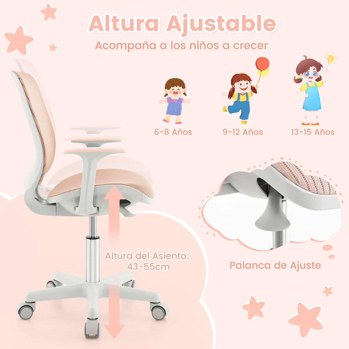 Silla Giratoria De Escritorio Para Niños Con Altura Ajustable Ruedas Con Freno Reposabrazos Lisos 57 x 57 x 80-92 cm-Rosa