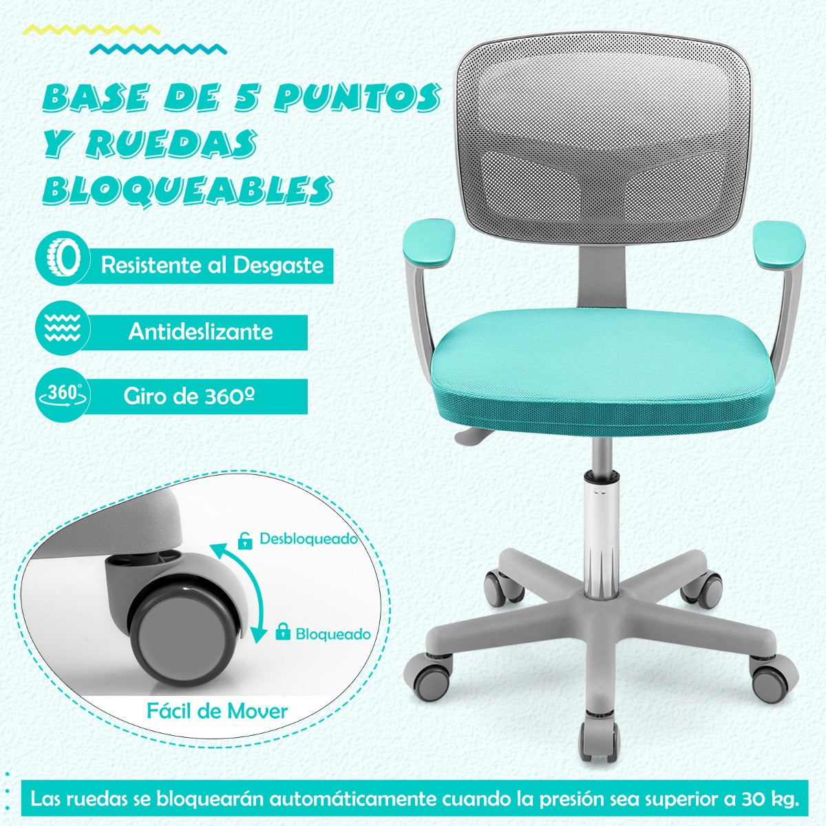 Silla Ergonómica para Escritorio para Niños con Ruedas Silla Giratoria de Ordenador Altura Regulable Soporte Lumbar Turquesa