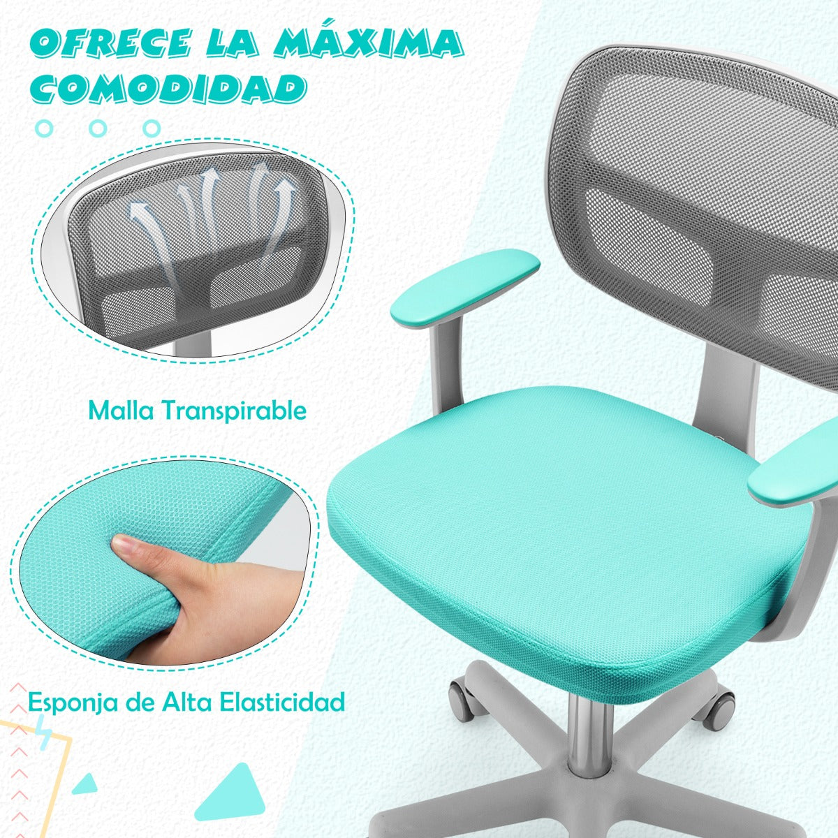 Silla Ergonómica para Escritorio para Niños con Ruedas Silla Giratoria de Ordenador Altura Regulable Soporte Lumbar Turquesa