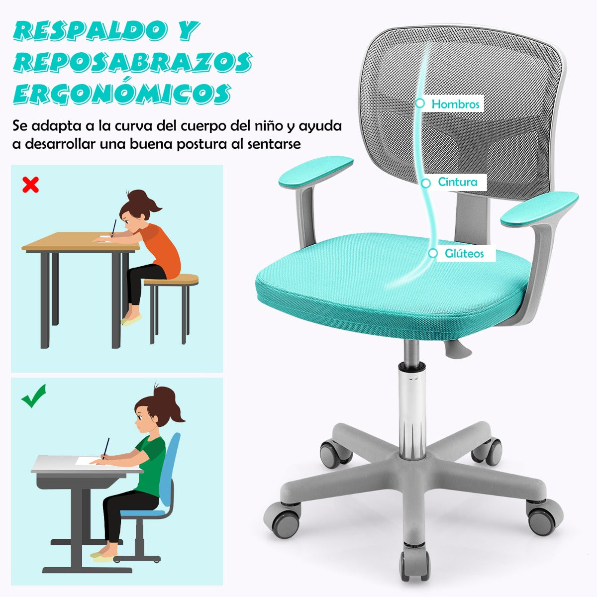 Silla Ergonómica para Escritorio para Niños con Ruedas Silla Giratoria de Ordenador Altura Regulable Soporte Lumbar Turquesa