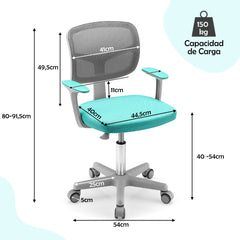 Silla Ergonómica para Escritorio para Niños con Ruedas Silla Giratoria de Ordenador Altura Regulable Soporte Lumbar Turquesa