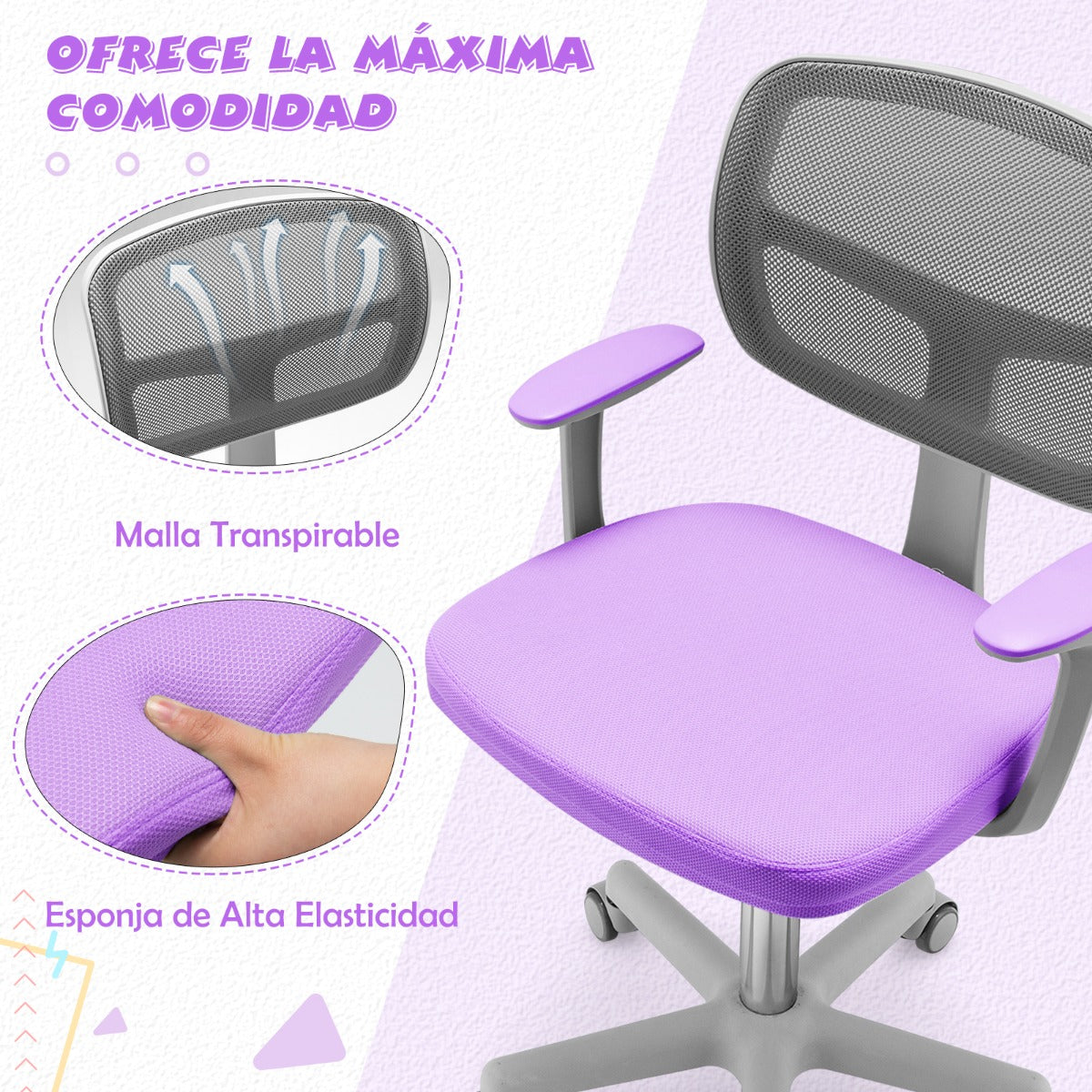 Silla Ergonómica para Escritorio para Niños con Ruedas Silla Giratoria de Ordenador Altura Regulable Soporte Lumbar Púrpura