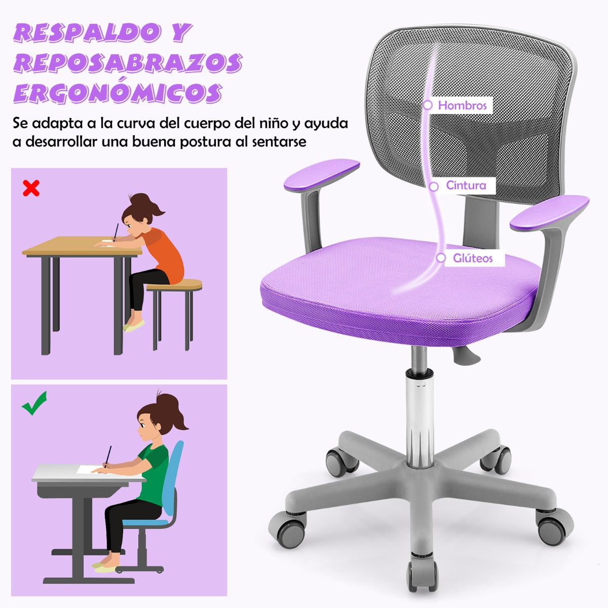 Silla Ergonómica para Escritorio para Niños con Ruedas Silla Giratoria de Ordenador Altura Regulable Soporte Lumbar Púrpura