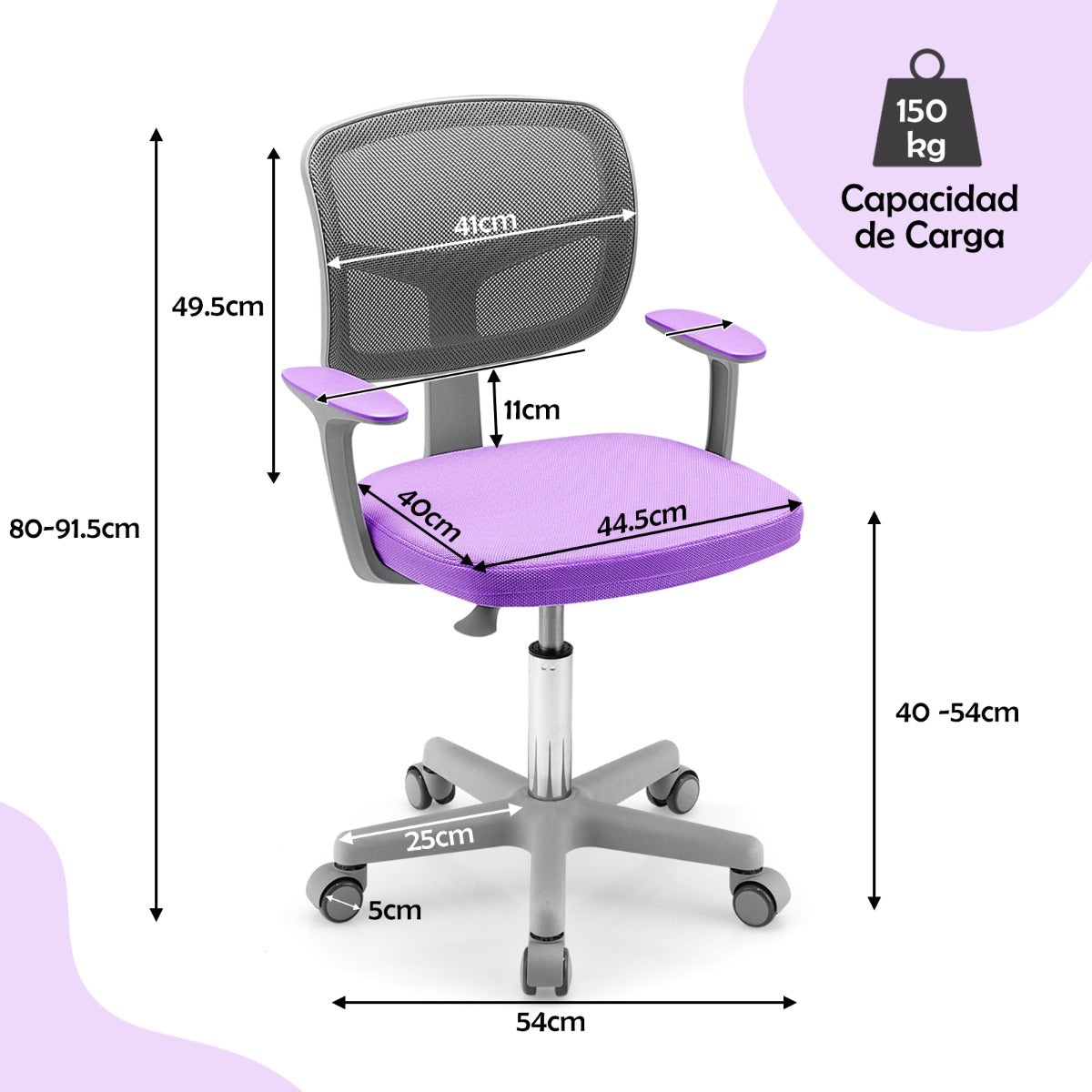 Silla Ergonómica para Escritorio para Niños con Ruedas Silla Giratoria de Ordenador Altura Regulable Soporte Lumbar Púrpura