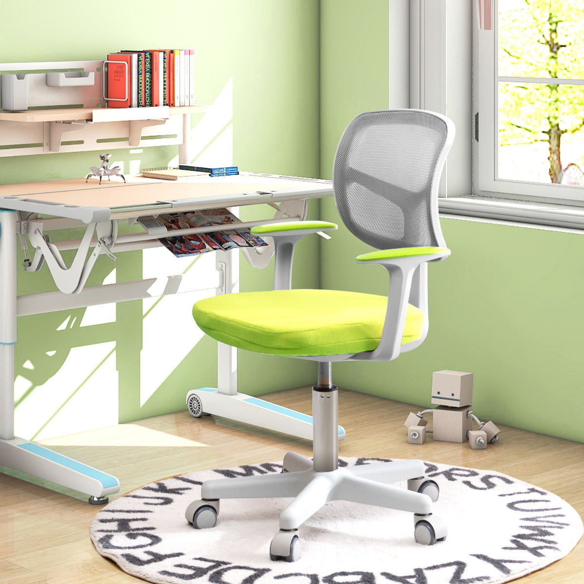 Silla Ergonómica para Escritorio para Niños con Ruedas Silla Giratoria de Ordenador Altura Regulable Soporte Lumbar Verde