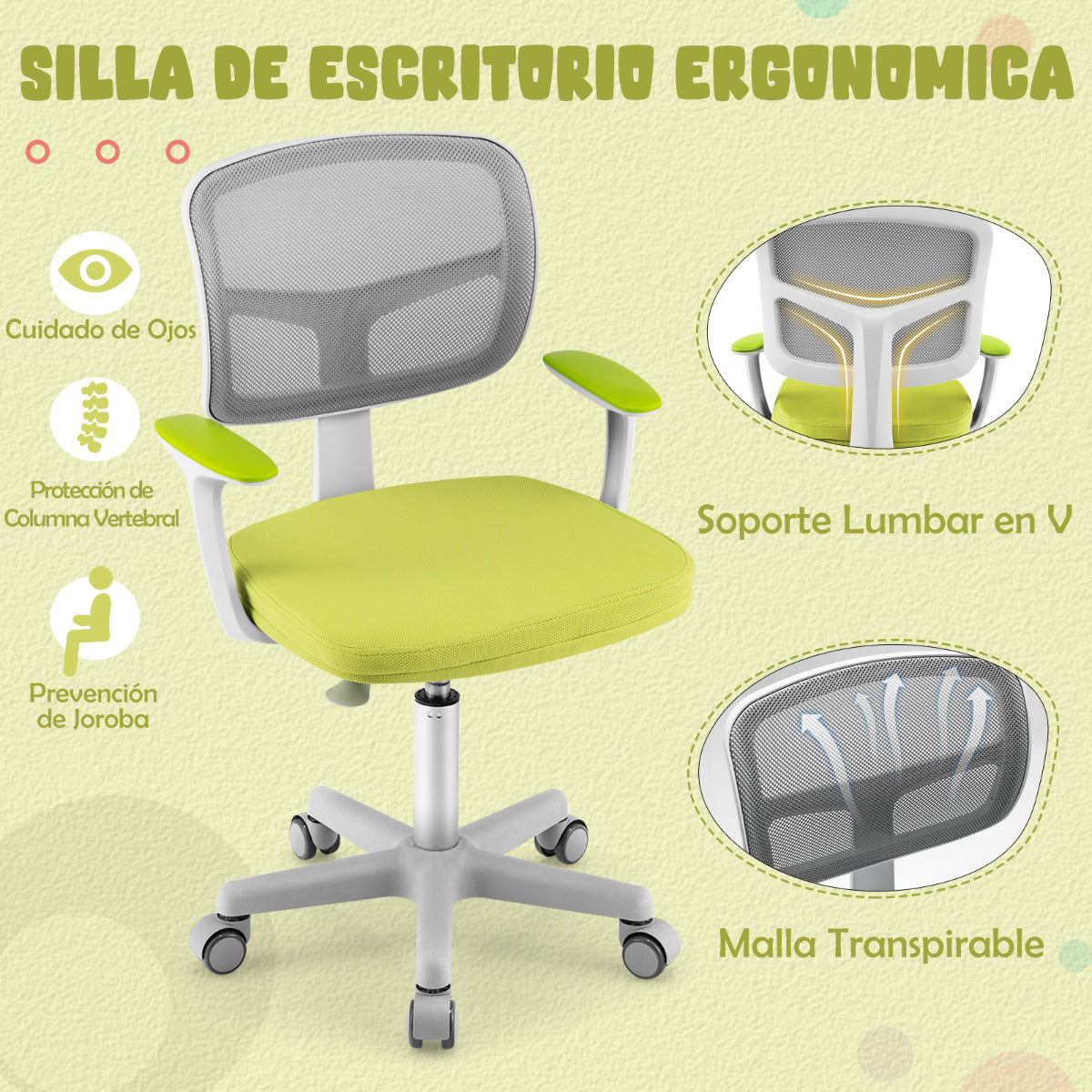 Silla Ergonómica para Escritorio para Niños con Ruedas Silla Giratoria de Ordenador Altura Regulable Soporte Lumbar Verde