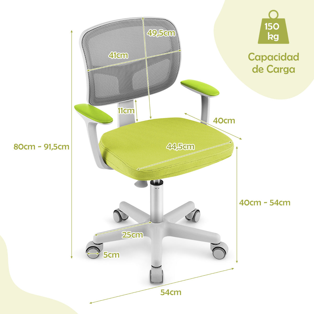 Silla Ergonómica para Escritorio para Niños con Ruedas Silla Giratoria de Ordenador Altura Regulable Soporte Lumbar Verde