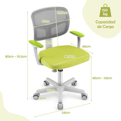 Silla Ergonómica para Escritorio para Niños con Ruedas Silla Giratoria de Ordenador Altura Regulable Soporte Lumbar Verde