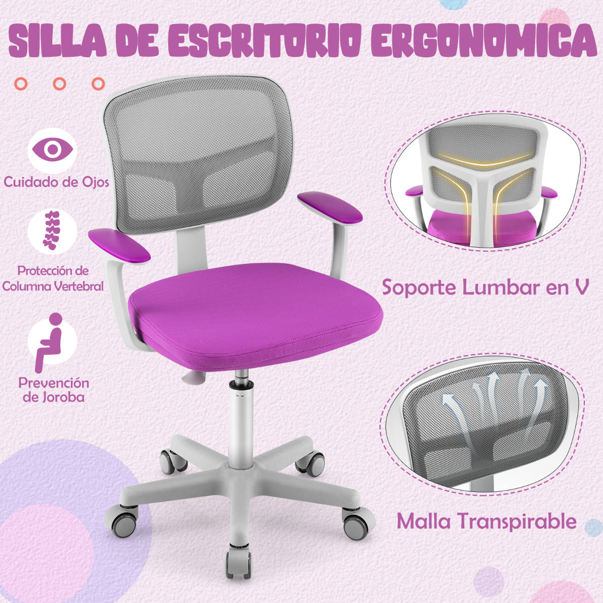 Silla Ergonómica para Escritorio para Niños con Ruedas Silla Giratoria de Ordenador Altura Regulable Soporte Lumbar Violeta
