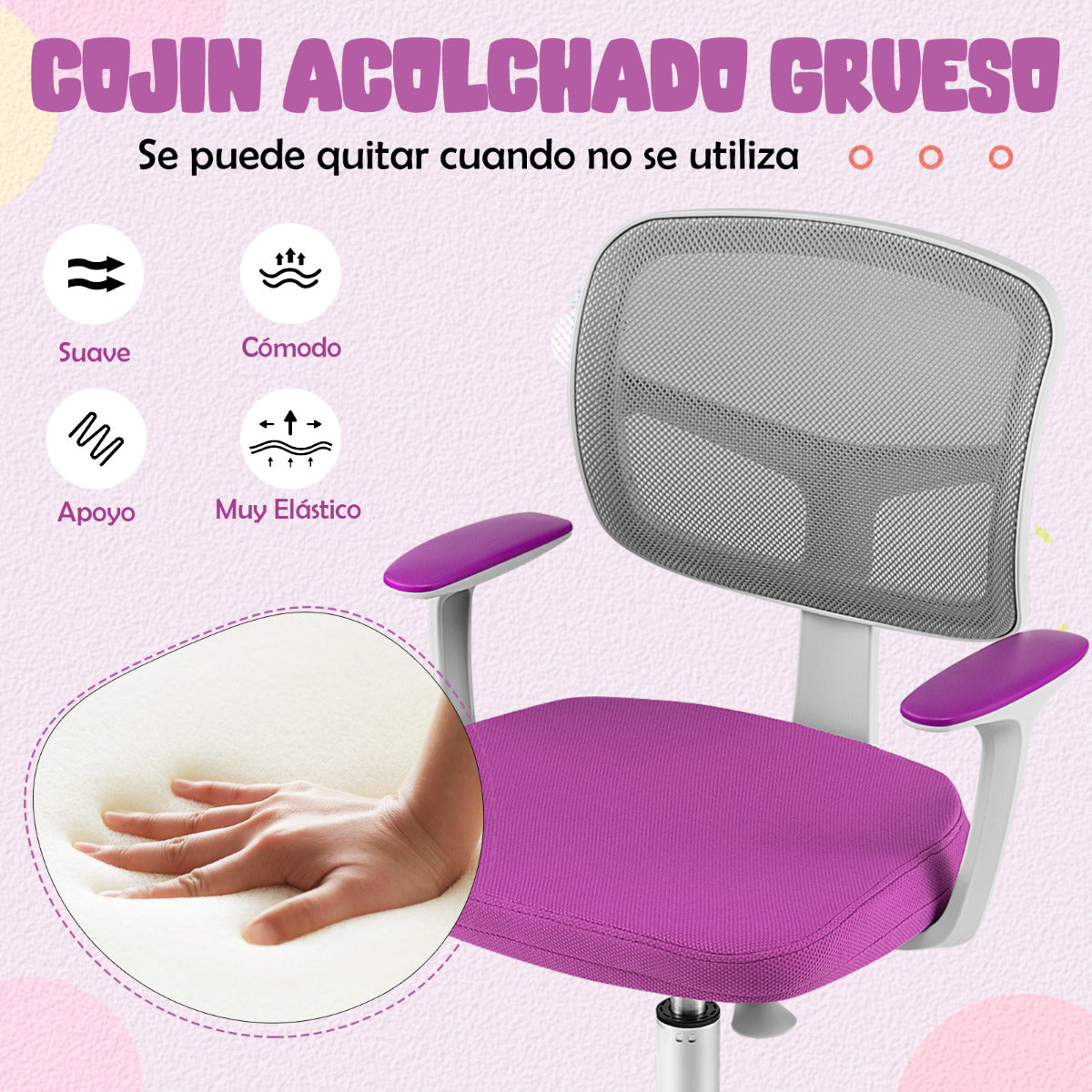 Silla Ergonómica para Escritorio para Niños con Ruedas Silla Giratoria de Ordenador Altura Regulable Soporte Lumbar Violeta