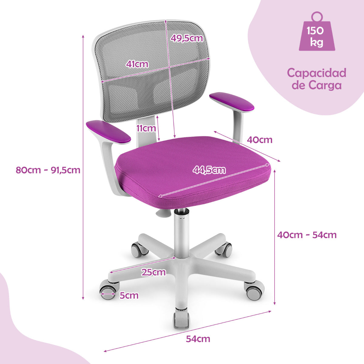 Silla Ergonómica para Escritorio para Niños con Ruedas Silla Giratoria de Ordenador Altura Regulable Soporte Lumbar Violeta