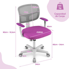 Silla Ergonómica para Escritorio para Niños con Ruedas Silla Giratoria de Ordenador Altura Regulable Soporte Lumbar Violeta