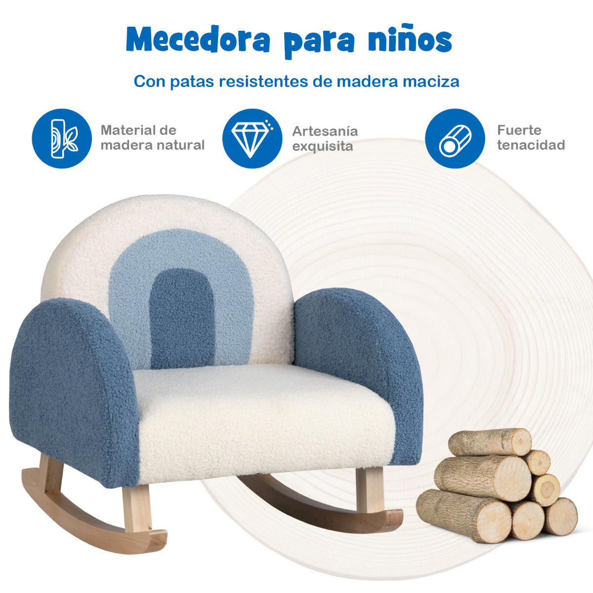 Silla Mecedora Infantil Sofá Individual Tapizado para Niños 3-5 Años Sillón Moderno para Guardería 50,5 x 49 x 50,5 cm Azul