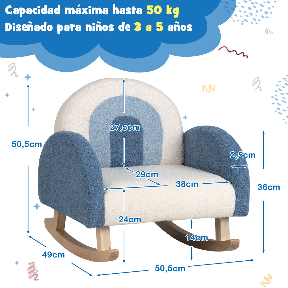 Silla Mecedora Infantil Sofá Individual Tapizado para Niños 3-5 Años Sillón Moderno para Guardería 50,5 x 49 x 50,5 cm Azul