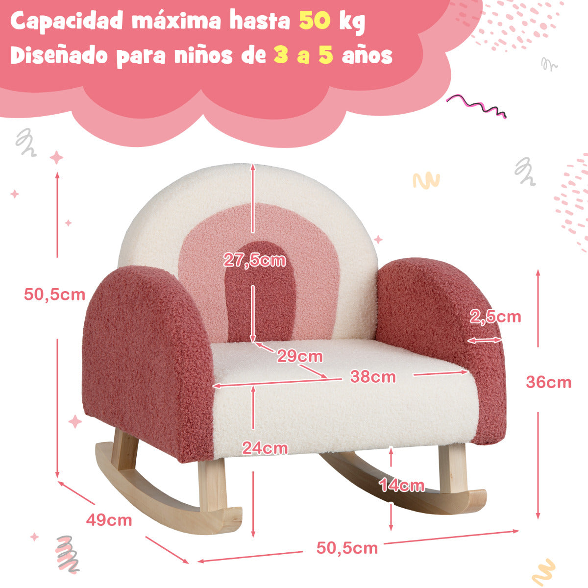 Silla Mecedora Infantil Sofá Individual Tapizado para Niños 3-5 Años Sillón Moderno para Guardería 50,5 x 49 x 50,5 cm Rojo