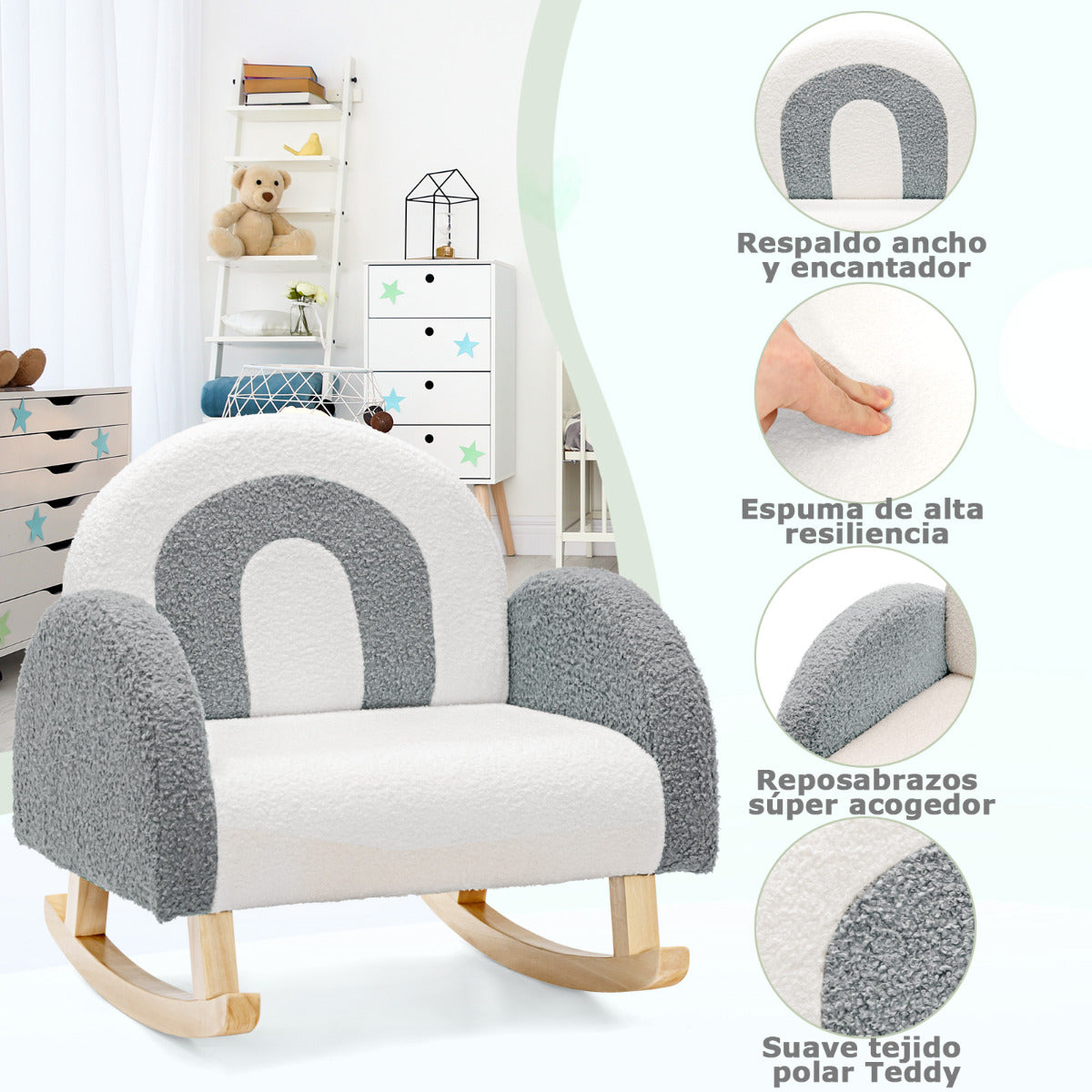 Silla Mecedora para Niños Sillón Infantil Tapizado con Patas de Madera Maciza para Niños 3-5 Años Carga 50 kg en Guardería Dormitorio Gris
