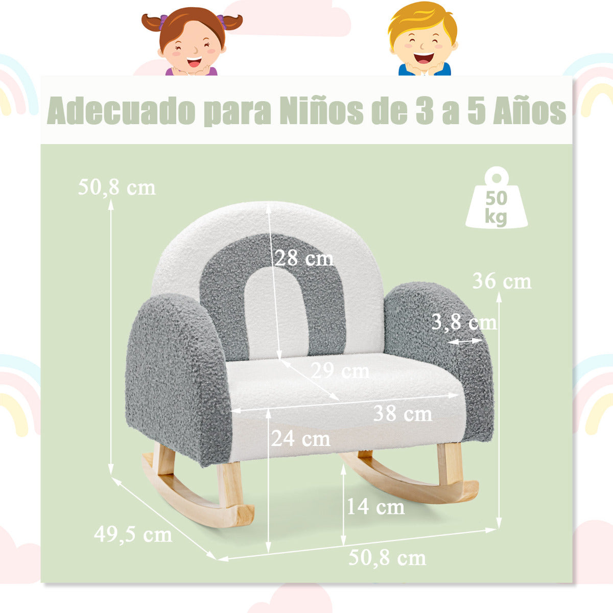 Silla Mecedora para Niños Sillón Infantil Tapizado con Patas de Madera Maciza para Niños 3-5 Años Carga 50 kg en Guardería Dormitorio Gris