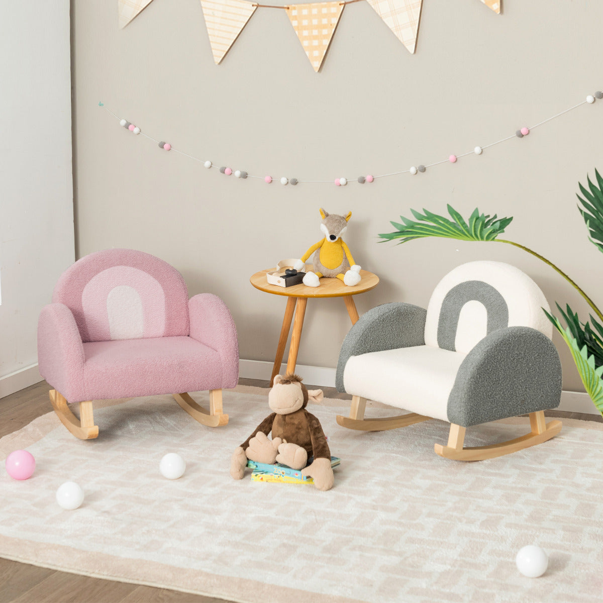 Silla Mecedora para Niños Sillón Infantil Tapizado con Patas de Madera Maciza para Niños 3-5 Años Carga 50 kg en Guardería Dormitorio Rosa