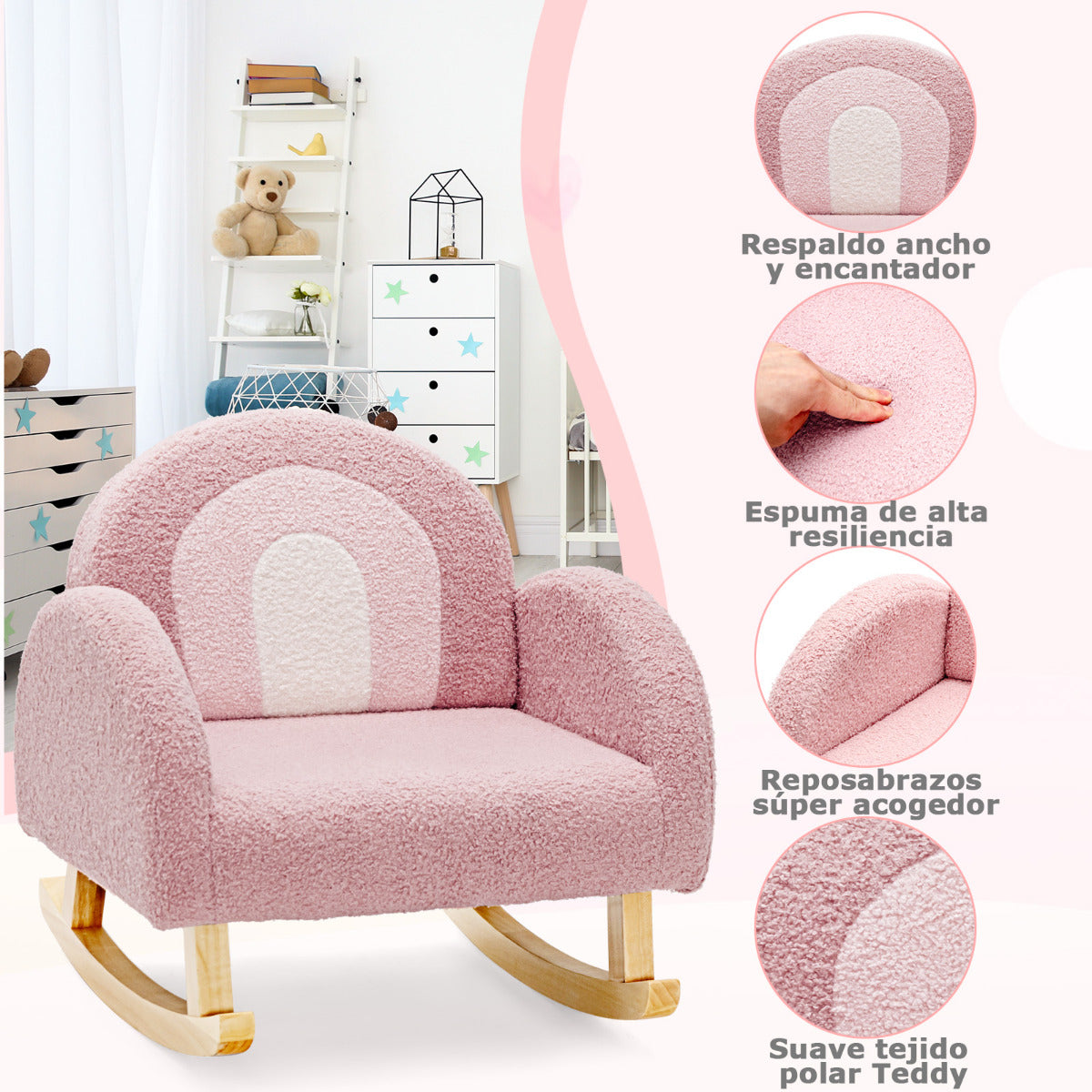 Silla Mecedora para Niños Sillón Infantil Tapizado con Patas de Madera Maciza para Niños 3-5 Años Carga 50 kg en Guardería Dormitorio Rosa