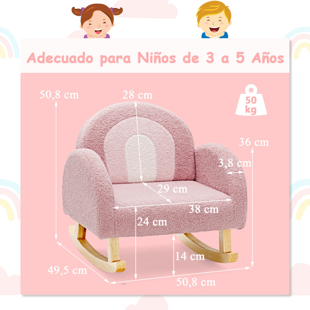 Silla Mecedora para Niños Sillón Infantil Tapizado con Patas de Madera Maciza para Niños 3-5 Años Carga 50 kg en Guardería Dormitorio Rosa