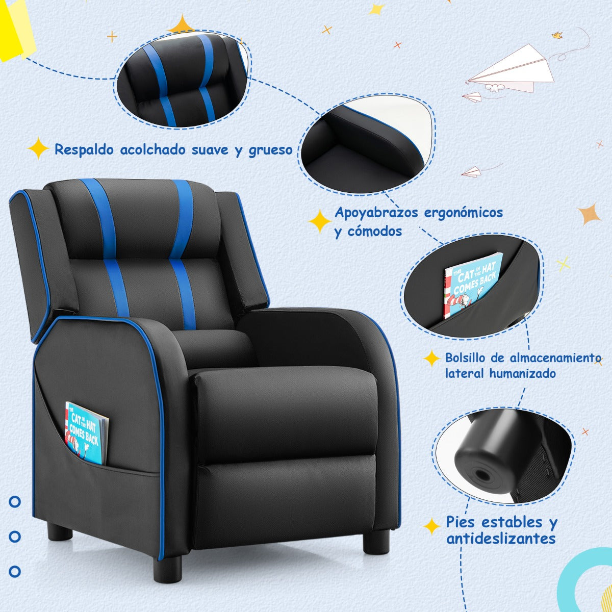 Sillón Reclinable Ergonómico de Cuero para Niños con Respaldo y Reposapiés Ajustables Negro y Azul 69 x 53 x 74 cm