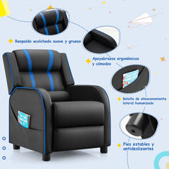 Sillón Reclinable Ergonómico de Cuero para Niños con Respaldo y Reposapiés Ajustables Negro y Azul 69 x 53 x 74 cm