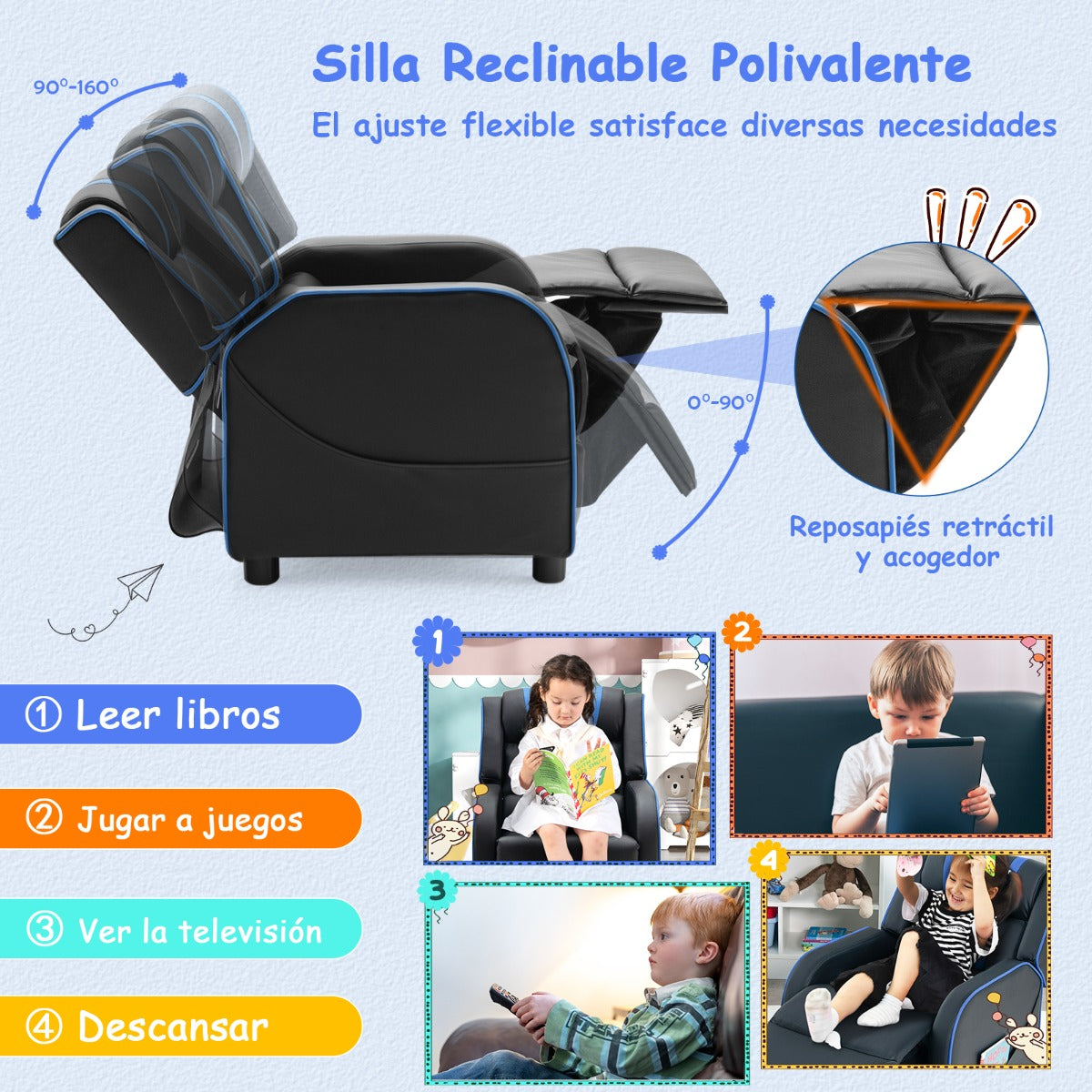 Sillón Reclinable Ergonómico de Cuero para Niños con Respaldo y Reposapiés Ajustables Negro y Azul 69 x 53 x 74 cm