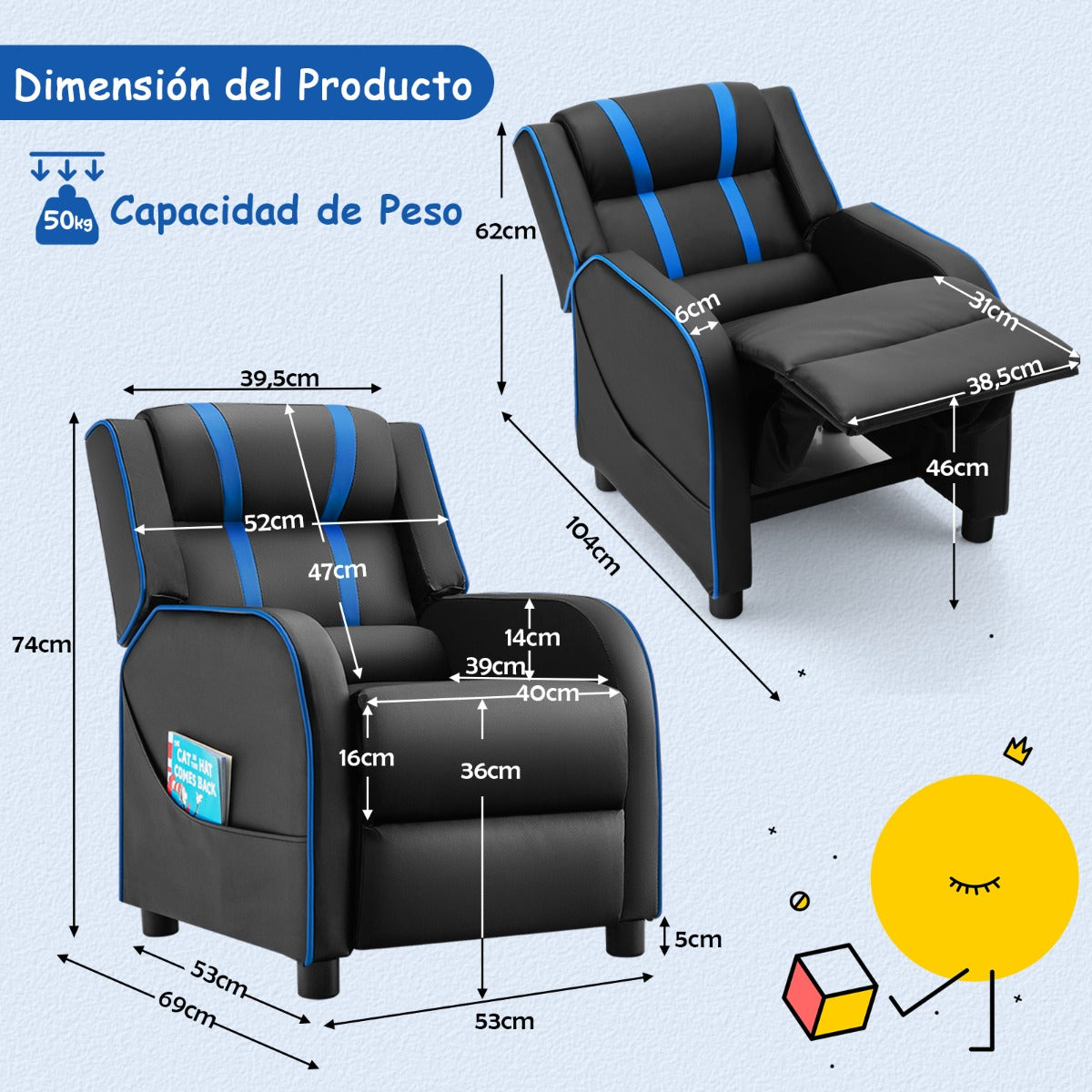 Sillón Reclinable Ergonómico de Cuero para Niños con Respaldo y Reposapiés Ajustables Negro y Azul 69 x 53 x 74 cm