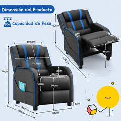 Sillón Reclinable Ergonómico de Cuero para Niños con Respaldo y Reposapiés Ajustables Negro y Azul 69 x 53 x 74 cm