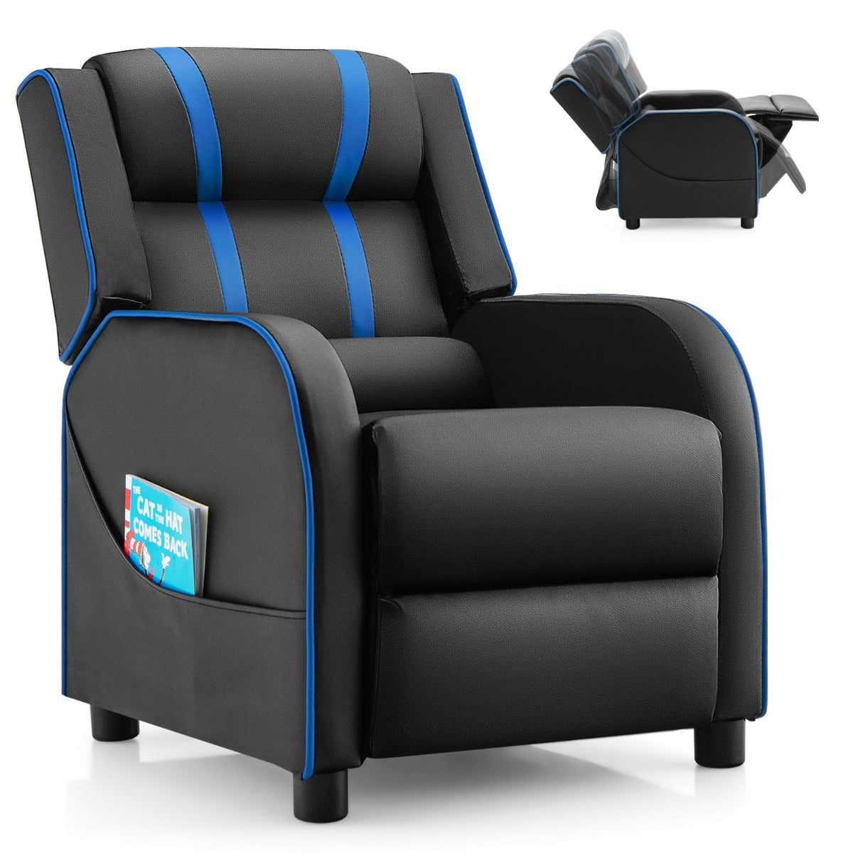 Sillón Reclinable Ergonómico de Cuero para Niños con Respaldo y Reposapiés Ajustables Negro y Azul 69 x 53 x 74 cm