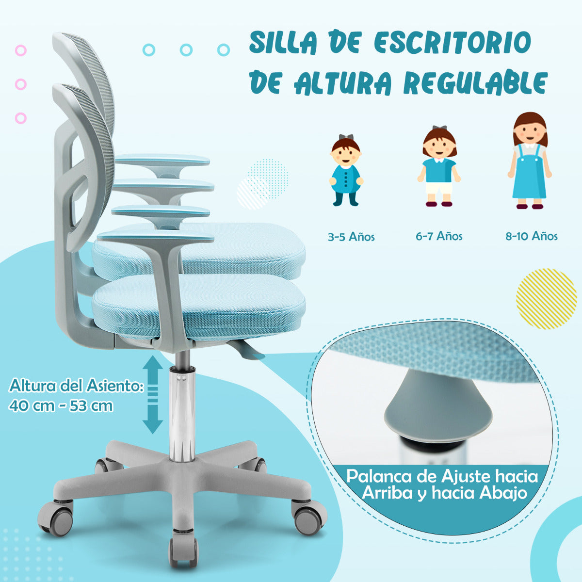 Silla Ergonómica para Escritorio para Niños con Ruedas Silla Giratoria de Ordenador Altura Regulable Soporte Lumbar Azul