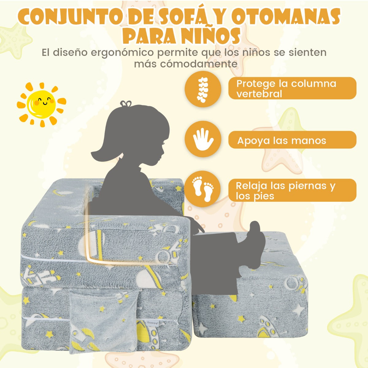 Sofá de Juegos para Niños con Otomanas Sofá Infantil Plegable y Luminoso con Funda Extraíble y Lavable para Bebés 107 x 52 x 41,5 cm Gris