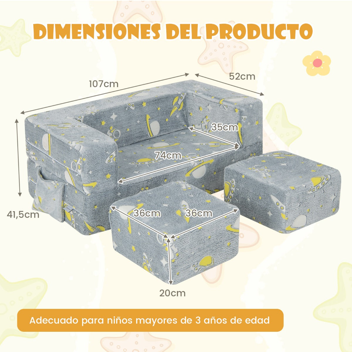 Sofá de Juegos para Niños con Otomanas Sofá Infantil Plegable y Luminoso con Funda Extraíble y Lavable para Bebés 107 x 52 x 41,5 cm Gris