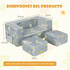 Sofá de Juegos para Niños con Otomanas Sofá Infantil Plegable y Luminoso con Funda Extraíble y Lavable para Bebés 107 x 52 x 41,5 cm Gris
