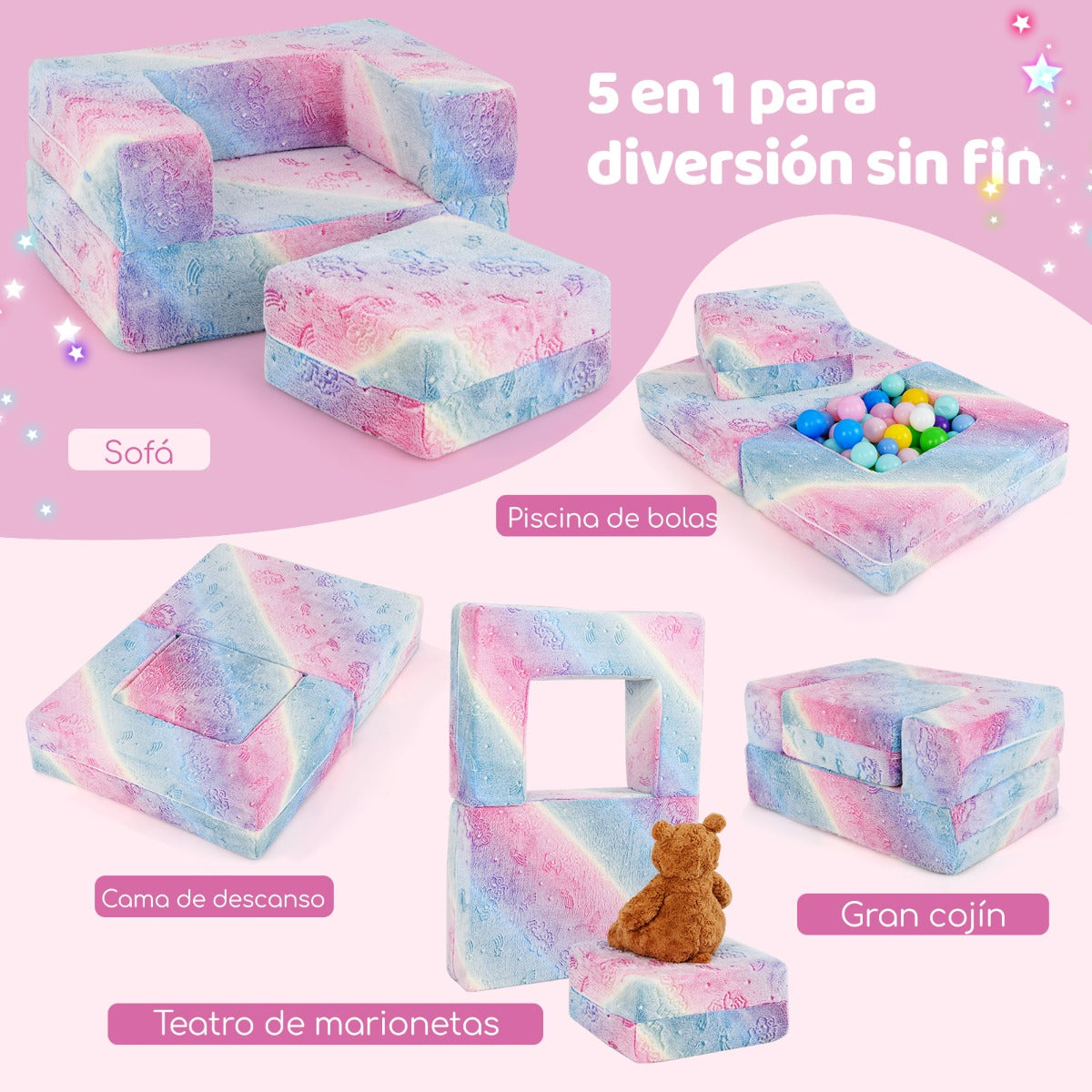 Sofá Infantil Sofá Modular para Niños Brilla en la Oscuridad con Cojín Funda Lavable a Máquina y Relleno de Espuma para Niños 3+ Años Rosa