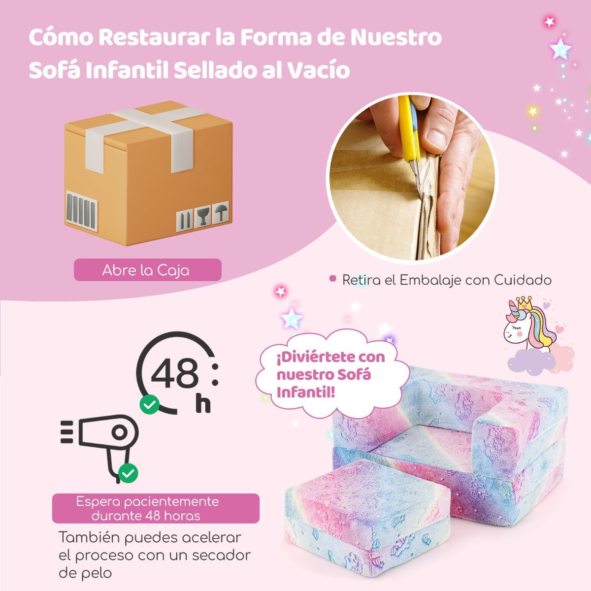 Sofá Infantil Sofá Modular para Niños Brilla en la Oscuridad con Cojín Funda Lavable a Máquina y Relleno de Espuma para Niños 3+ Años Rosa