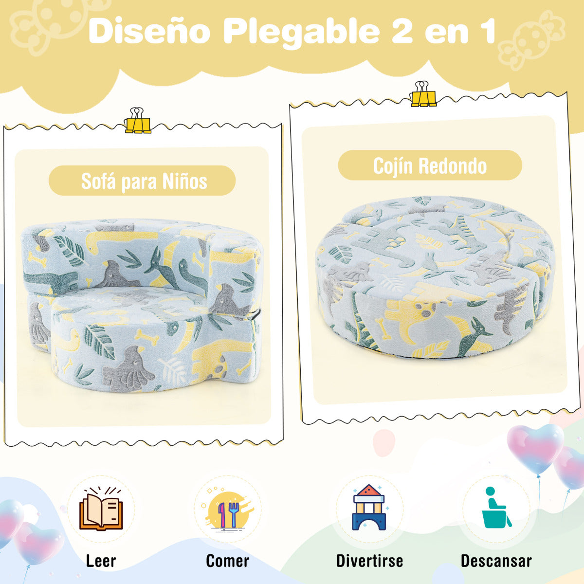 Sofá Infantil 2 en 1 que Brilla en la Oscuridad Sillón Convertible para Niños con Funda Desmontable y Lavable Patrón de Estrellas Azul