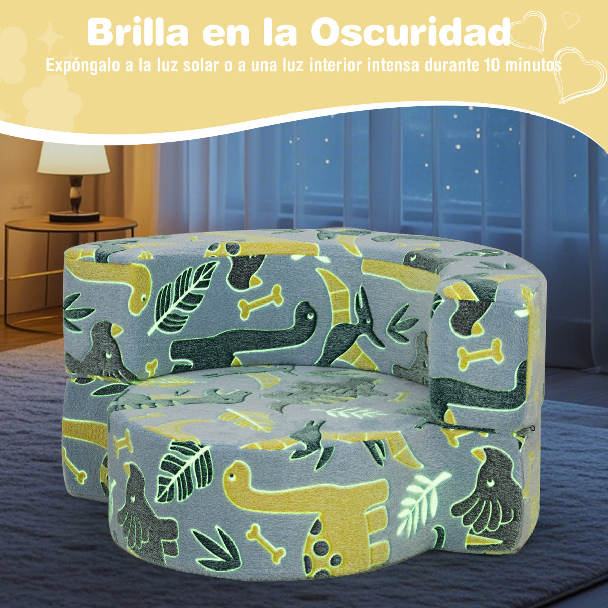 Sofá Infantil 2 en 1 que Brilla en la Oscuridad Sillón Convertible para Niños con Funda Desmontable y Lavable Patrón de Estrellas Azul