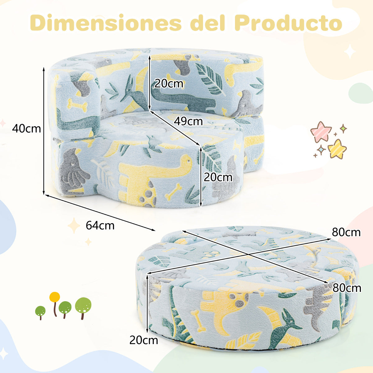 Sofá Infantil 2 en 1 que Brilla en la Oscuridad Sillón Convertible para Niños con Funda Desmontable y Lavable Patrón de Estrellas Azul