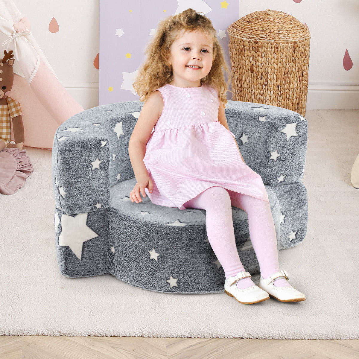Sofá Infantil 2 en 1 que Brilla en la Oscuridad Sillón Convertible para Niños con Funda Desmontable y Lavable Patrón de Estrellas Gris