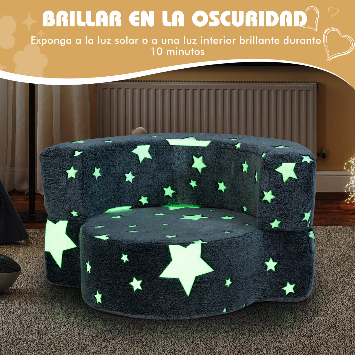 Sofá Infantil 2 en 1 que Brilla en la Oscuridad Sillón Convertible para Niños con Funda Desmontable y Lavable Patrón de Estrellas Gris