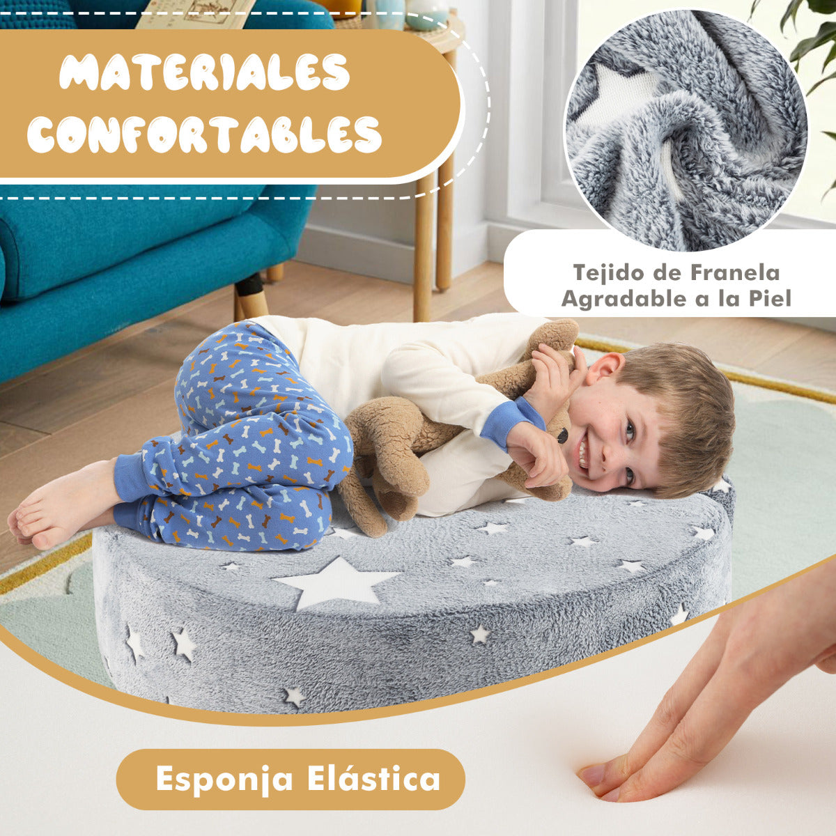 Sofá Infantil 2 en 1 que Brilla en la Oscuridad Sillón Convertible para Niños con Funda Desmontable y Lavable Patrón de Estrellas Gris