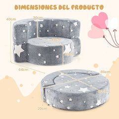 Sofá Infantil 2 en 1 que Brilla en la Oscuridad Sillón Convertible para Niños con Funda Desmontable y Lavable Patrón de Estrellas Gris