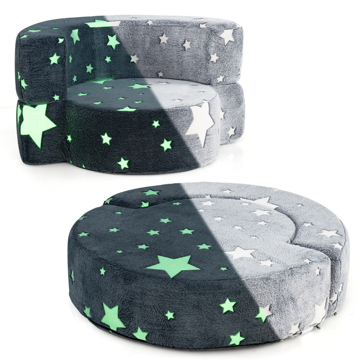 Sofá Infantil 2 en 1 que Brilla en la Oscuridad Sillón Convertible para Niños con Funda Desmontable y Lavable Patrón de Estrellas Gris
