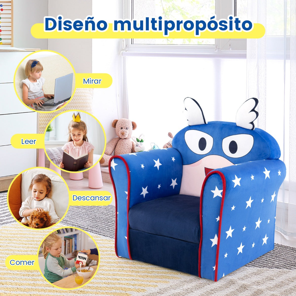 Sillón Infantil Tapizado Marco de Madera Superficie de Terciopelo Relleno de Espuma Sofá para Niños para Dormitorio 50 x 40 x 54 cm Azul