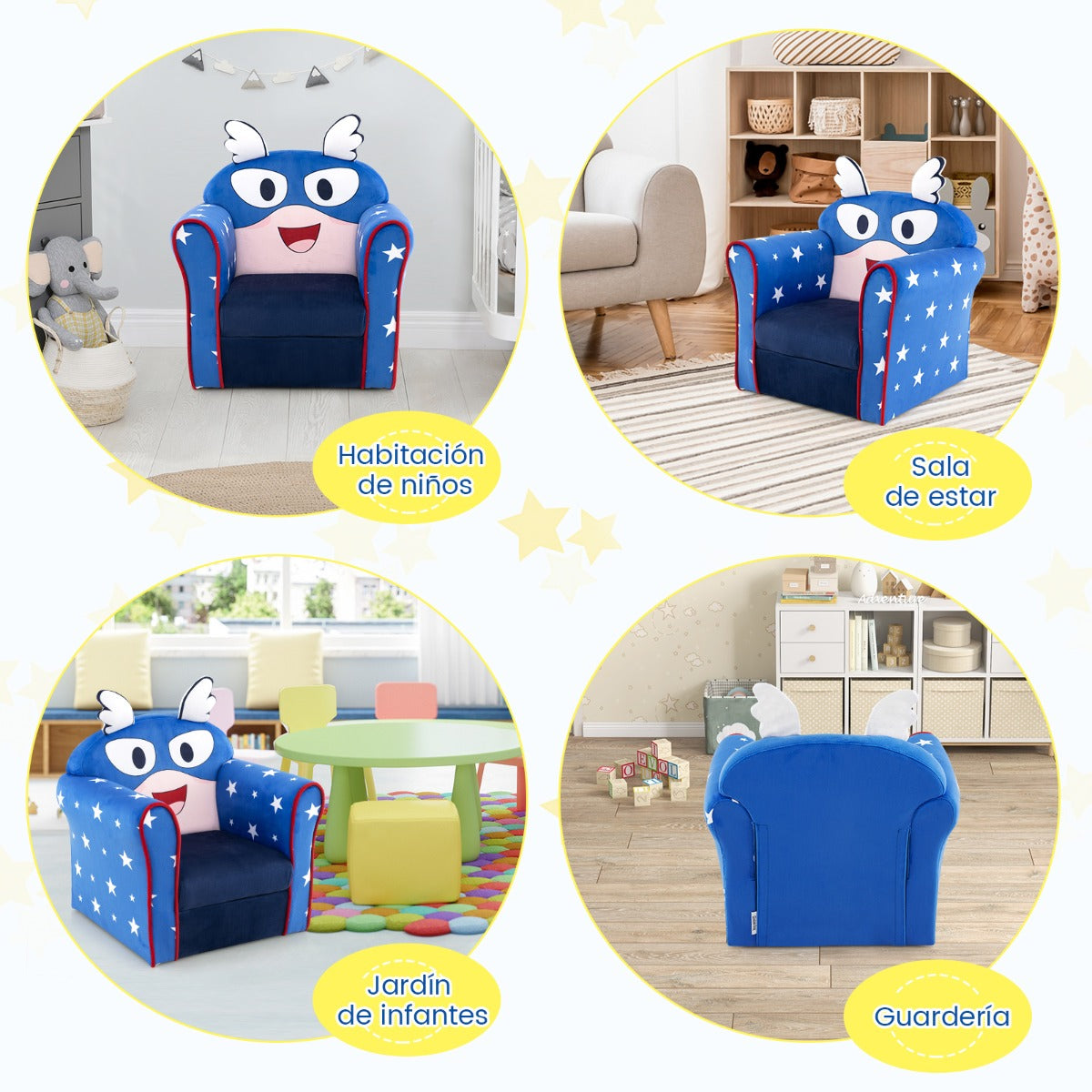 Sillón Infantil Tapizado Marco de Madera Superficie de Terciopelo Relleno de Espuma Sofá para Niños para Dormitorio 50 x 40 x 54 cm Azul